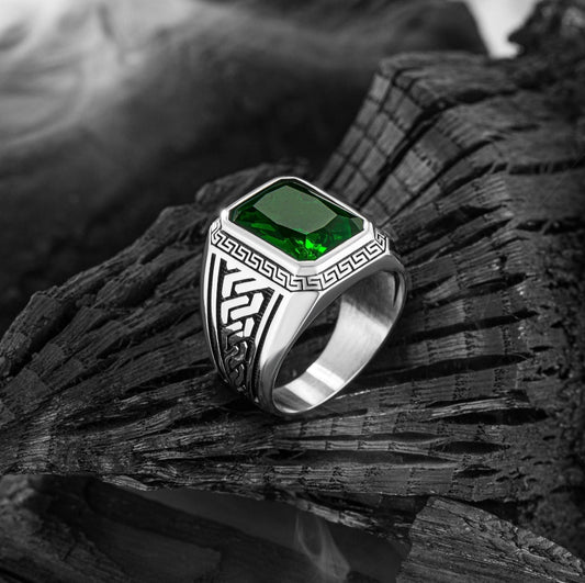 Zyan Gems | Unique  Designed Turkish Style Ring with Green Zircon ,  Sterling Silver Oxidized Ring