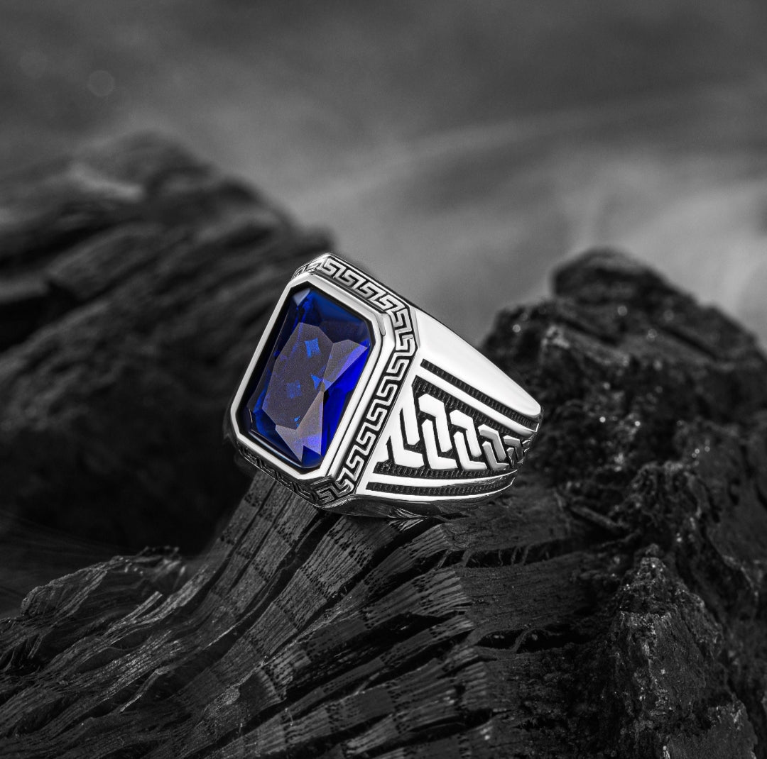 Zyan Gems | Unique  Designed Turkish Style Ring with Blue Zircon ,  Sterling Silver Oxidized Ring