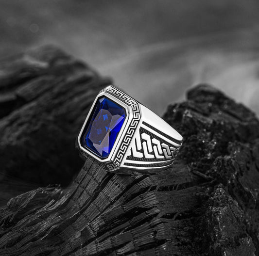Zyan Gems | Unique  Designed Turkish Style Ring with Blue Zircon ,  Sterling Silver Oxidized Ring