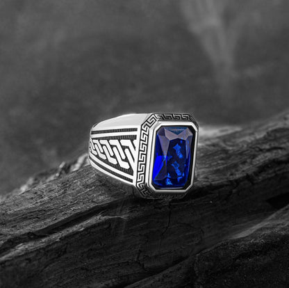Zyan Gems | Unique  Designed Turkish Style Ring with Blue Zircon ,  Sterling Silver Oxidized Ring