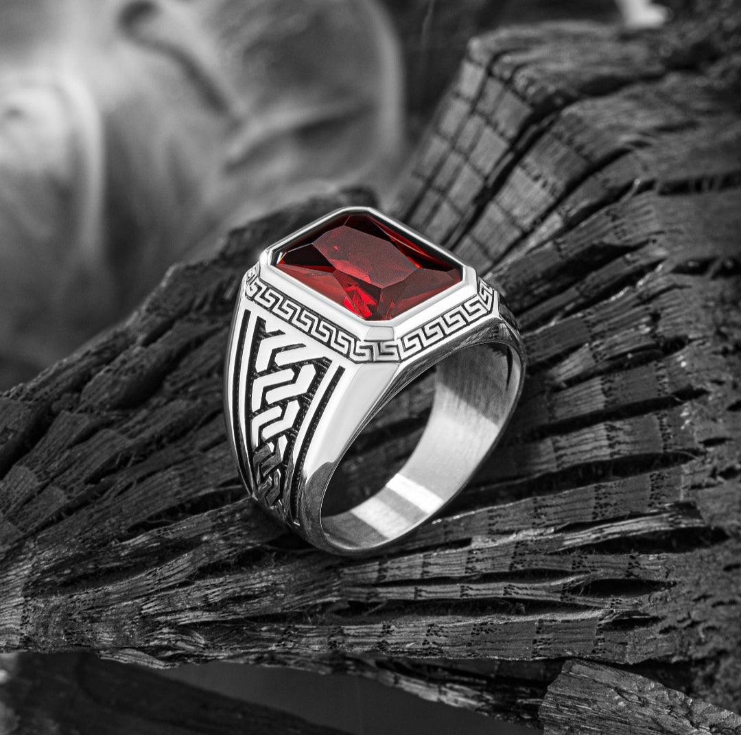 Zyan Gems | Unique  Designed Turkish Style Ring with Red Zircon ,  Sterling Silver Oxidized Ring