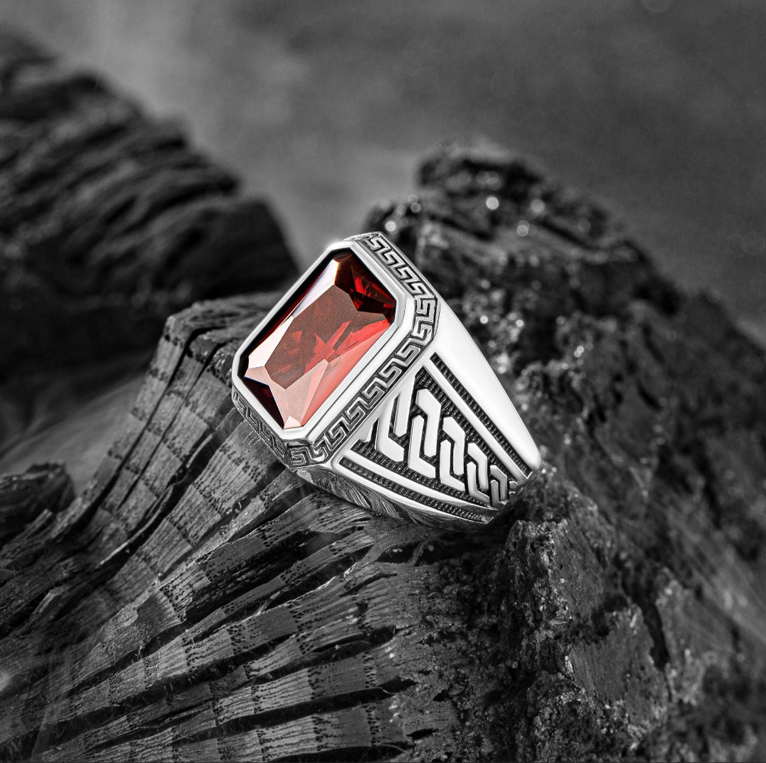 Zyan Gems | Unique  Designed Turkish Style Ring with Red Zircon ,  Sterling Silver Oxidized Ring