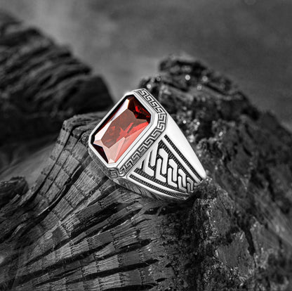Zyan Gems | Unique  Designed Turkish Style Ring with Red Zircon ,  Sterling Silver Oxidized Ring