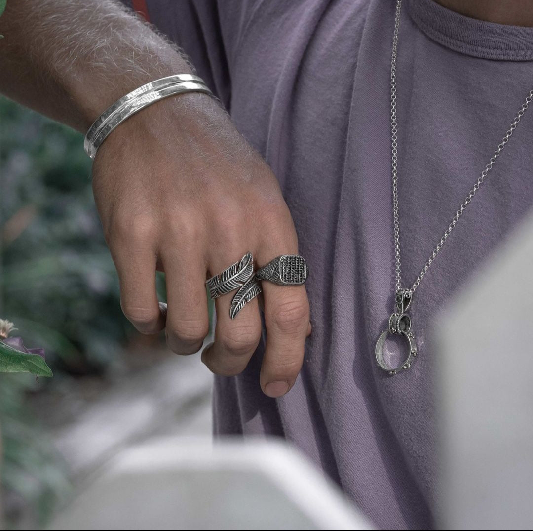 Zyan Gems | Exclusive Feather Style Signet Ring for Men, Oxidized Sterling Silver  Ring | Jewellery for Men