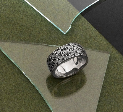 Zyan Gems | Exclusive Streamline Band Ring Studded with Black Swarovski for Men, Oxidized Sterling Silver  Ring | Jewellery for Men