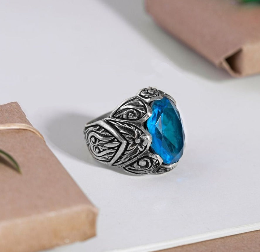 Zyan Gems | Exclusively Designed Ring with Blue Topaz |  Sterling Silver Oxidized Ring