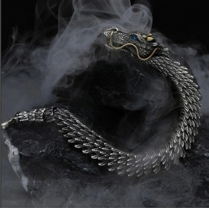 Unique Golden Horn Oxidized Dragon Bracelet with Blue Eyes | 925 Sterling Silver Oxidized Bracelet | Unisex Jewelry Authenticity and 925