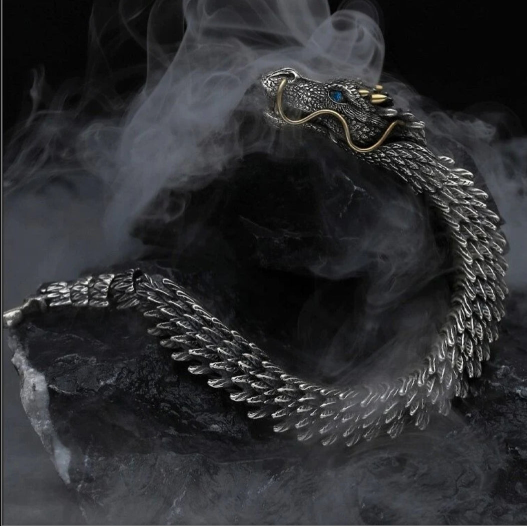 Unique Golden Horn Oxidized Dragon Bracelet with Blue Eyes |  Sterling Silver Oxidized Bracelet | Unisex