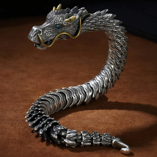 Unique Golden Horn Oxidized Dragon Bracelet with Blue Eyes |  Sterling Silver Oxidized Bracelet | Unisex
