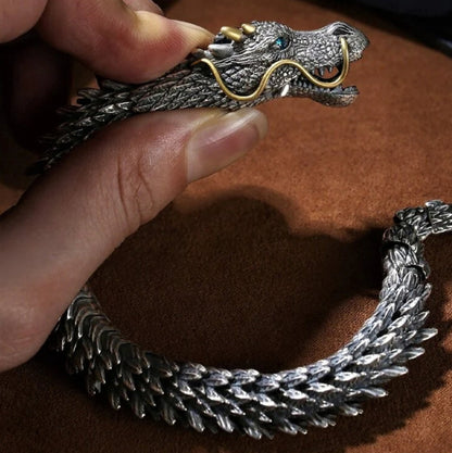 Unique Golden Horn Oxidized Dragon Bracelet with Blue Eyes | 925 Sterling Silver Oxidized Bracelet | Unisex Jewelry Authenticity and 925