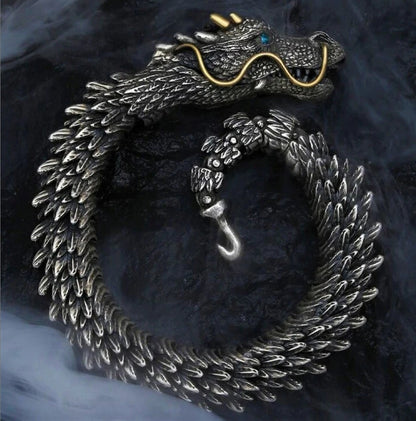 Unique Golden Horn Oxidized Dragon Bracelet with Blue Eyes | 925 Sterling Silver Oxidized Bracelet | Unisex Jewelry Authenticity and 925