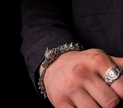 Unique Golden Horn Oxidized Dragon Bracelet with Blue Eyes | 925 Sterling Silver Oxidized Bracelet | Unisex Jewelry Authenticity and 925
