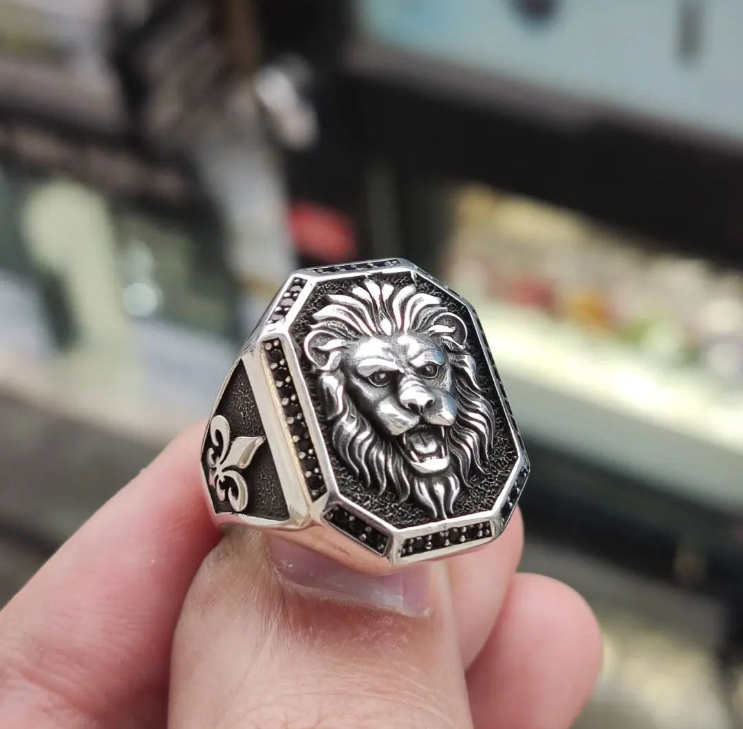 Zyan Gems | Unique Design Lion Ring with Illuminati/ Evil Eye Symbol | Oxidized  Sterling Silver Ring