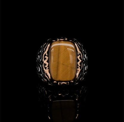 Zyan Gems | Unique Designed Turkish Style Ring with Natural Tiger Eye  |  Sterling Silver Oxidized Ring
