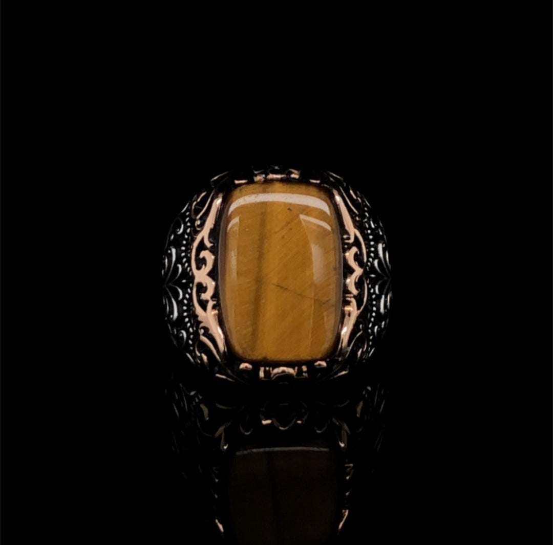Zyan Gems | Unique Designed Turkish Style Ring with Natural Tiger Eye  |  Sterling Silver Oxidized Ring