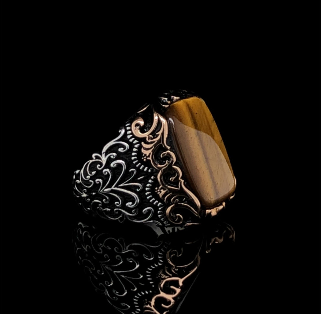 Zyan Gems | Unique Designed Turkish Style Ring with Natural Tiger Eye  |  Sterling Silver Oxidized Ring