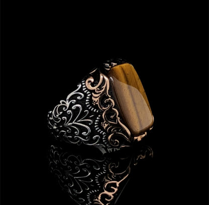 Zyan Gems | Unique Designed Turkish Style Ring with Natural Tiger Eye  |  Sterling Silver Oxidized Ring