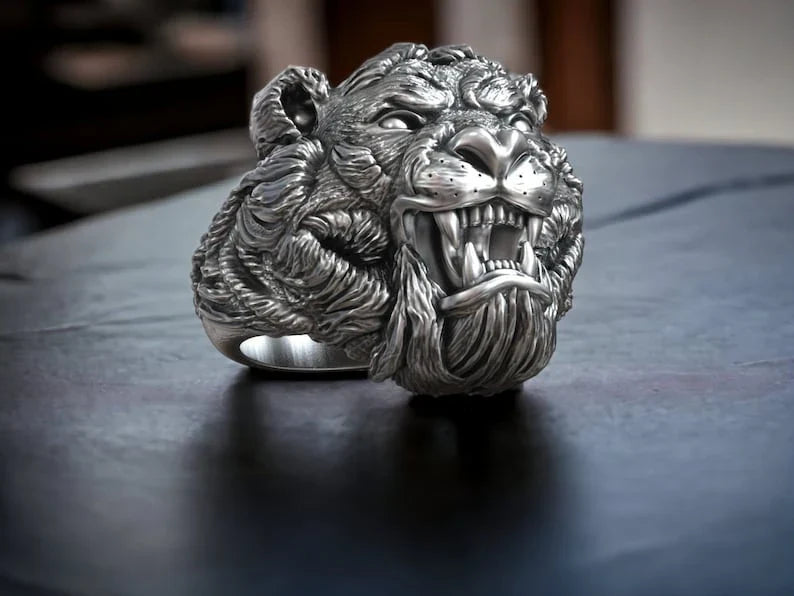 Zyan Gems | Unique Designed Solid Ferocious 3D Tiger Face Ring |  Sterling Silver Oxidized Ring