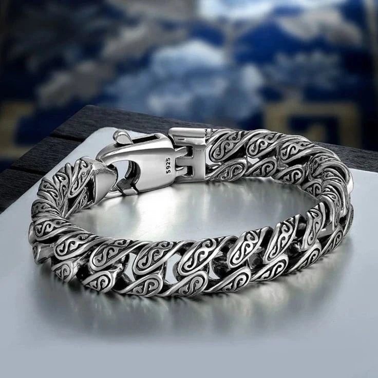 Unique 14mm wide Retro Silver Oxidized Bracelet for Men |  Sterling Silver Bracelet