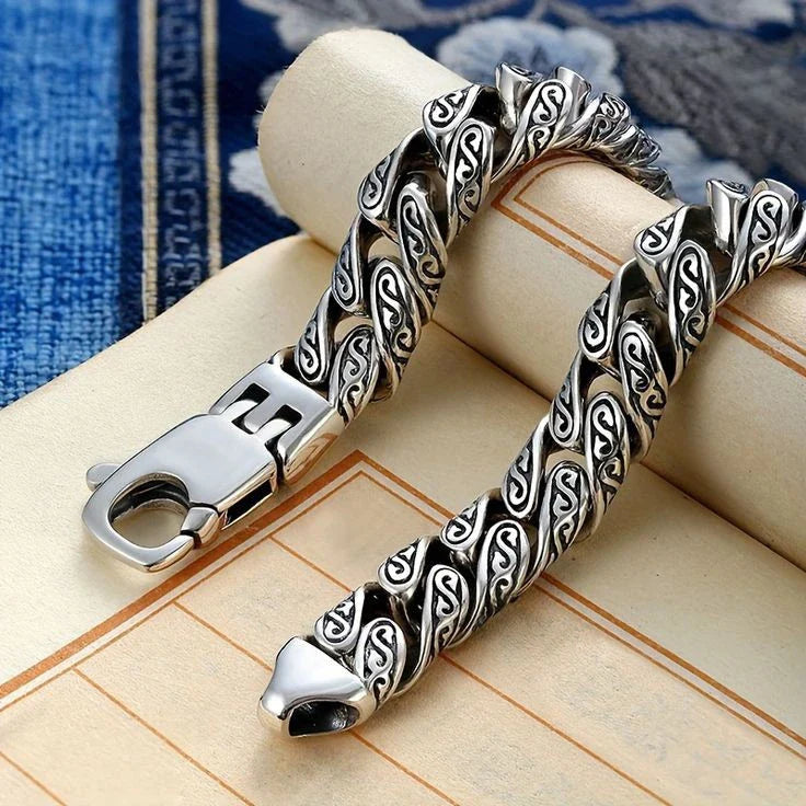 Unique 14mm wide Retro Silver Oxidized Bracelet for Men |  Sterling Silver Bracelet