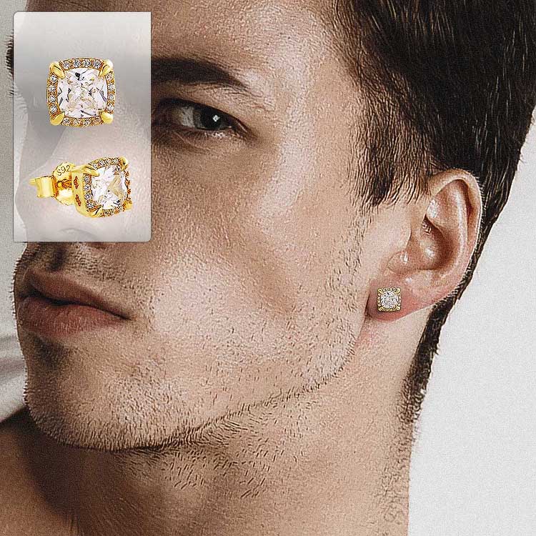 Zyan Gems | Princess Cut Diamond Stud Earrings for Men | AAA+ Quality Swarovski Diamond & White Rhodium &  Gold Plated  Sterling Silver Earrings | Jewellery for Men
