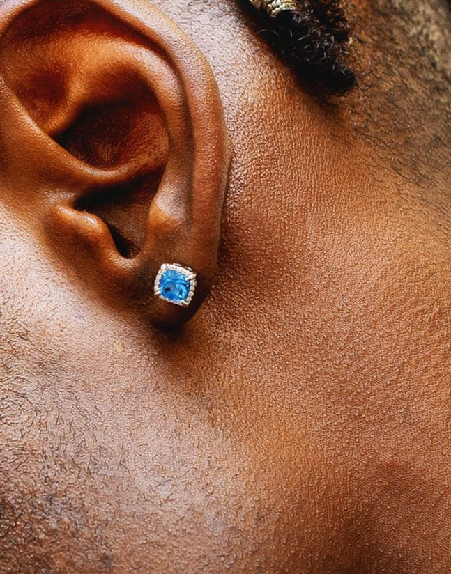 Zyan Gems | Princess Cut Blue Topaz & Diamond Stud Earrings for Men | AAA+ Quality Swarovski Diamond & White Rhodium  Sterling Silver Earrings | Jewellery for Men