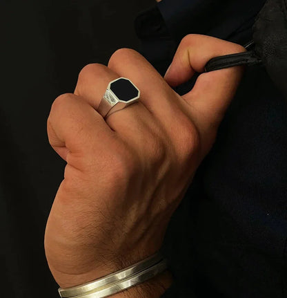 Zyan Gems | Classic Signet Ring with Natural Black Onyx |  Sterling Silver Ring