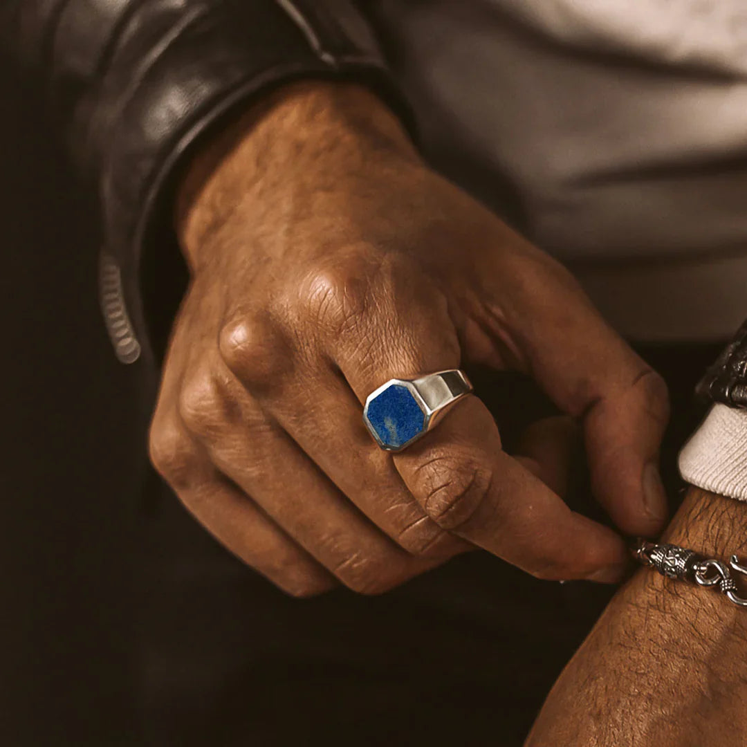 Zyan Gems | Classic Signet Ring with Natural Lapis Lazuli |  Sterling Silver Ring