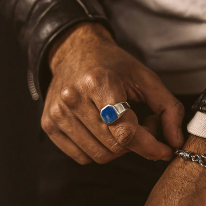 Zyan Gems | Classic Signet Ring with Natural Lapis Lazuli |  Sterling Silver Ring