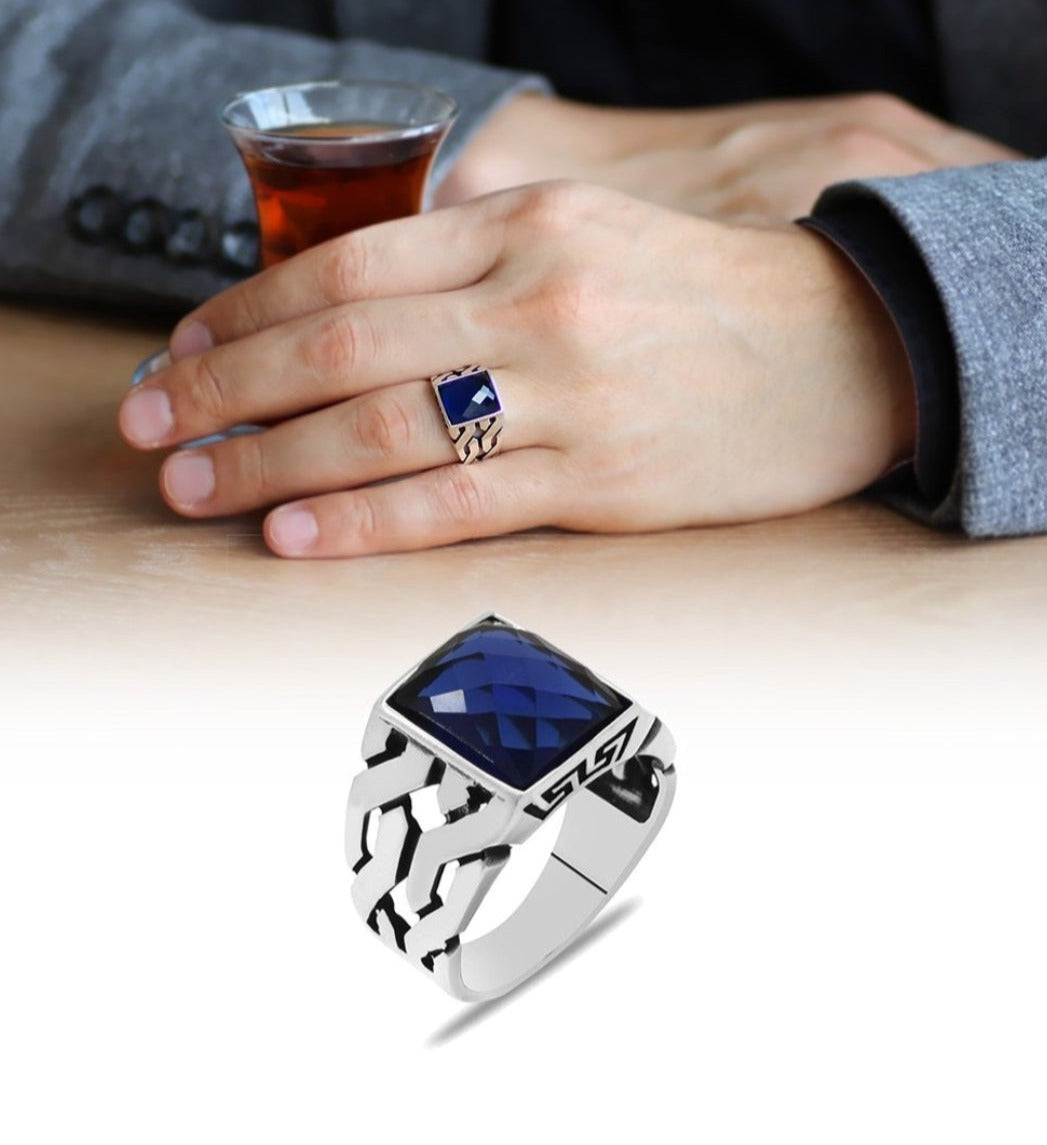 Zyan Gems | Unique Turkish  Style Ring with Faceted Blue S Sapphire |  Sterling Silver Oxidized Ring