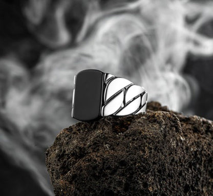 Zyan Gems | Unique Turkish Braided Style Ring with Natural Black Onyx |  Sterling Silver Oxidized Ring