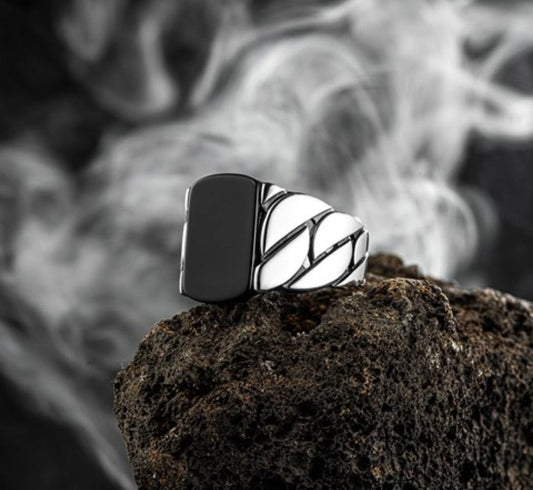 Zyan Gems | Unique Turkish Braided Style Ring with Natural Black Onyx |  Sterling Silver Oxidized Ring