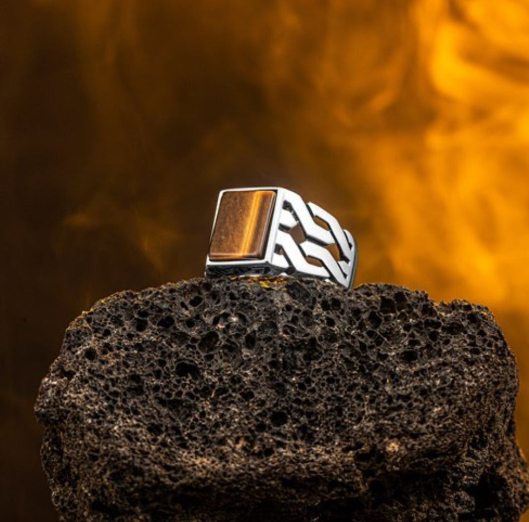 Zyan Gems | Unique Turkish  Style Ring with Natural Tiger Eye |  Sterling Silver Oxidized Ring