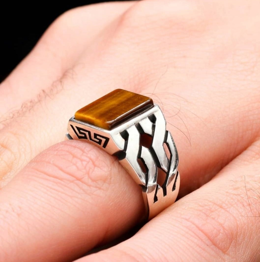 Zyan Gems | Unique Turkish  Style Ring with Natural Tiger Eye |  Sterling Silver Oxidized Ring