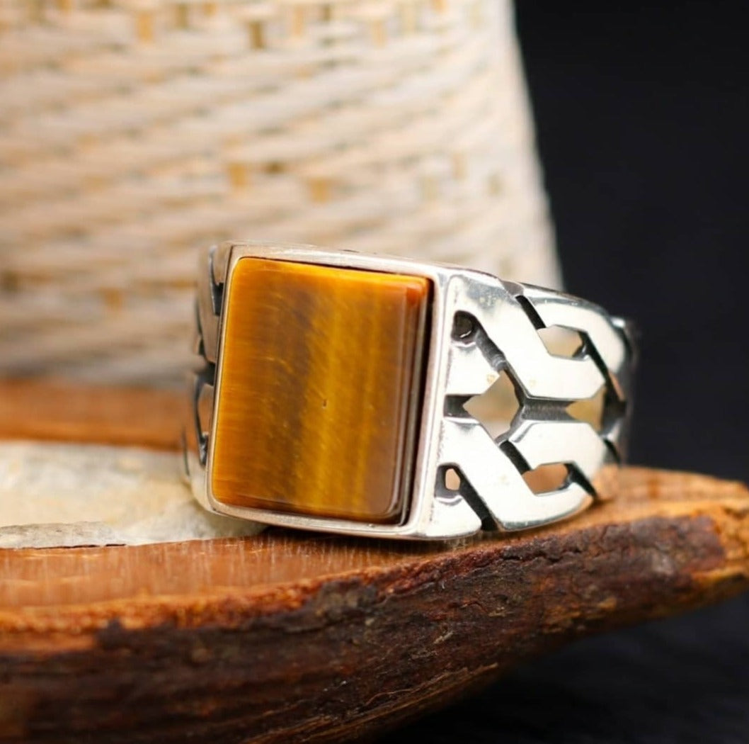 Zyan Gems | Unique Turkish  Style Ring with Natural Tiger Eye |  Sterling Silver Oxidized Ring