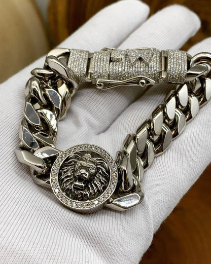 Unique 13mm Solid Cuban High Polished Lion Bracelet with Iced custom Letter Lock for Men |  Sterling Silver Bracelet
