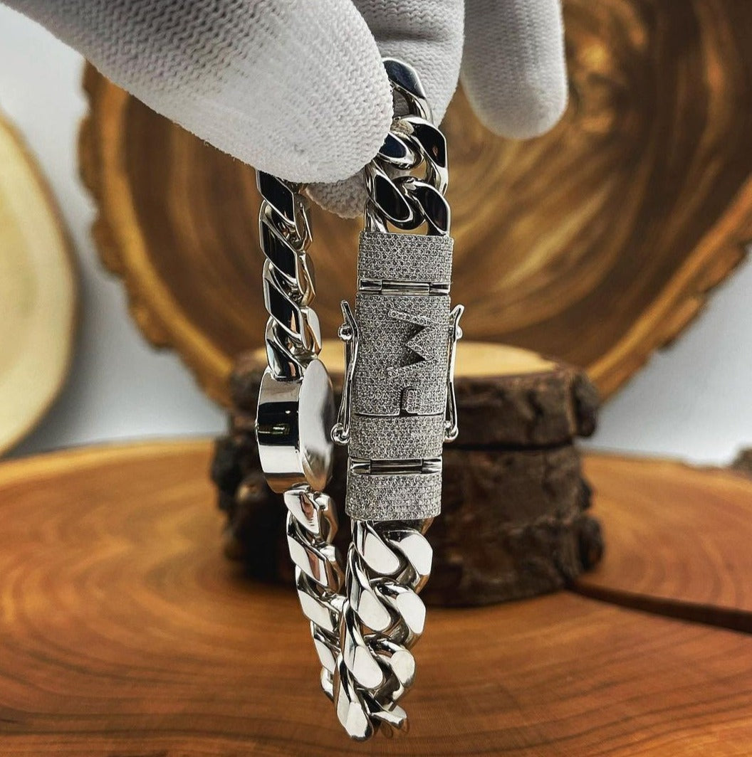 Unique 13mm Solid Cuban High Polished Lion Bracelet with Iced custom Letter Lock for Men |  Sterling Silver Bracelet