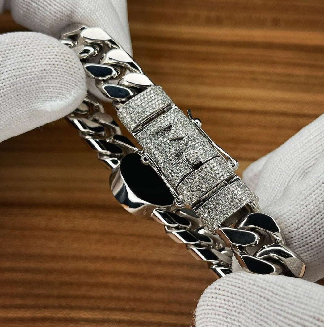 Unique 13mm Solid Cuban High Polished Lion Bracelet with Iced custom Letter Lock for Men |  Sterling Silver Bracelet