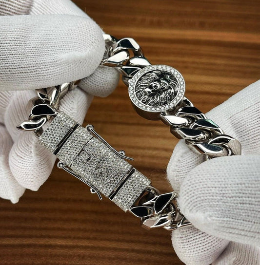 Unique 13mm Solid Cuban High Polished Lion Bracelet with Iced custom Letter Lock for Men |  Sterling Silver Bracelet