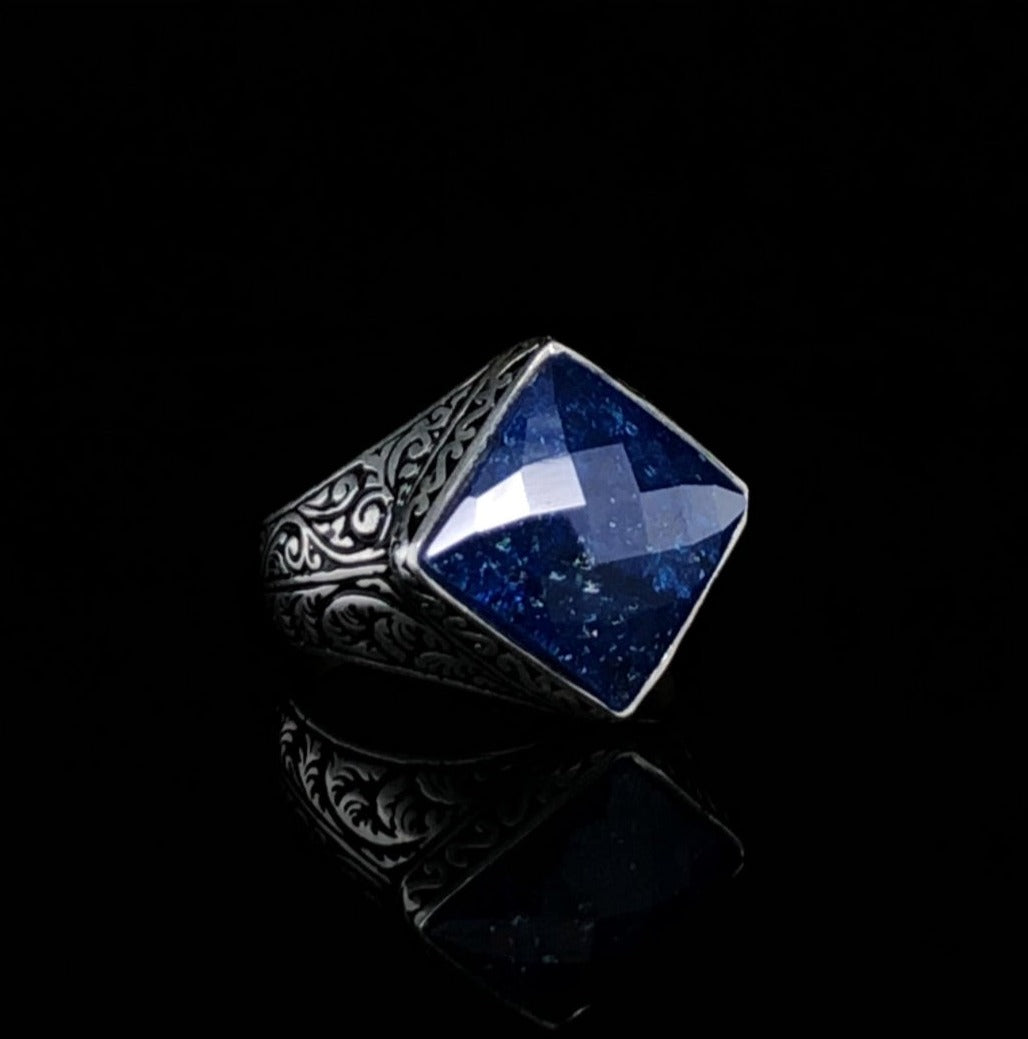 Zyan Gems | Unique Turkish Style Ring with Faceted Natural Blue Lapis Lazuli |  Sterling Silver Oxidized Ring