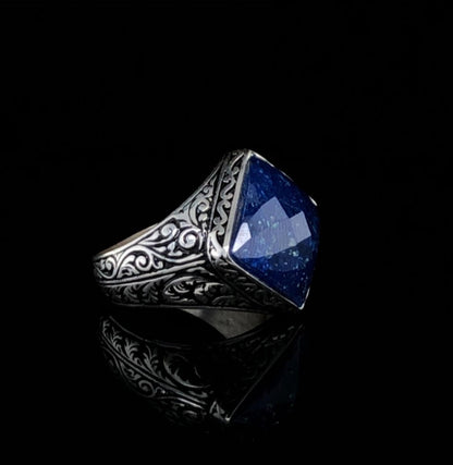 Zyan Gems | Unique Turkish Style Ring with Faceted Natural Blue Lapis Lazuli |  Sterling Silver Oxidized Ring