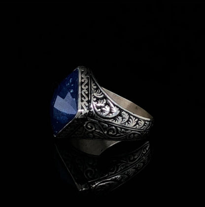 Zyan Gems | Unique Turkish Style Ring with Faceted Natural Blue Lapis Lazuli |  Sterling Silver Oxidized Ring