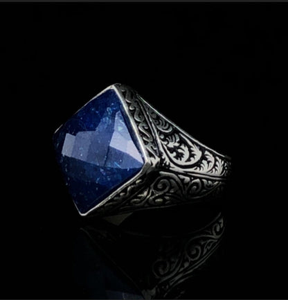 Zyan Gems | Unique Turkish Style Ring with Faceted Natural Blue Lapis Lazuli |  Sterling Silver Oxidized Ring