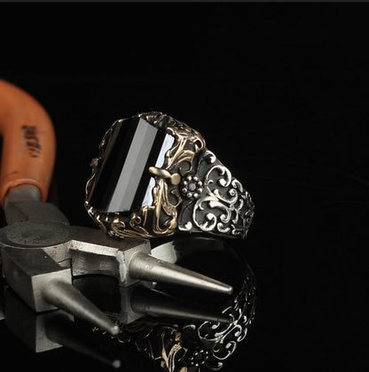 Zyan Gems | Unique Turkish Style Ring with Faceted Black Zircon |  Sterling Silver Oxidized Ring