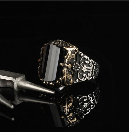 Zyan Gems | Unique Turkish Style Ring with Faceted Black Zircon |  Sterling Silver Oxidized Ring