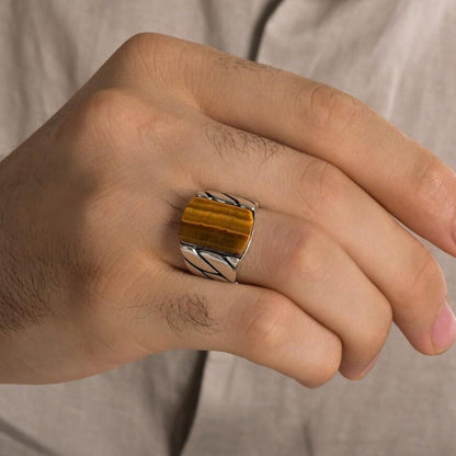 Zyan Gems | Unique Turkish Braided Style Ring with Natural Tiger Eye |  Sterling Silver Oxidized Ring