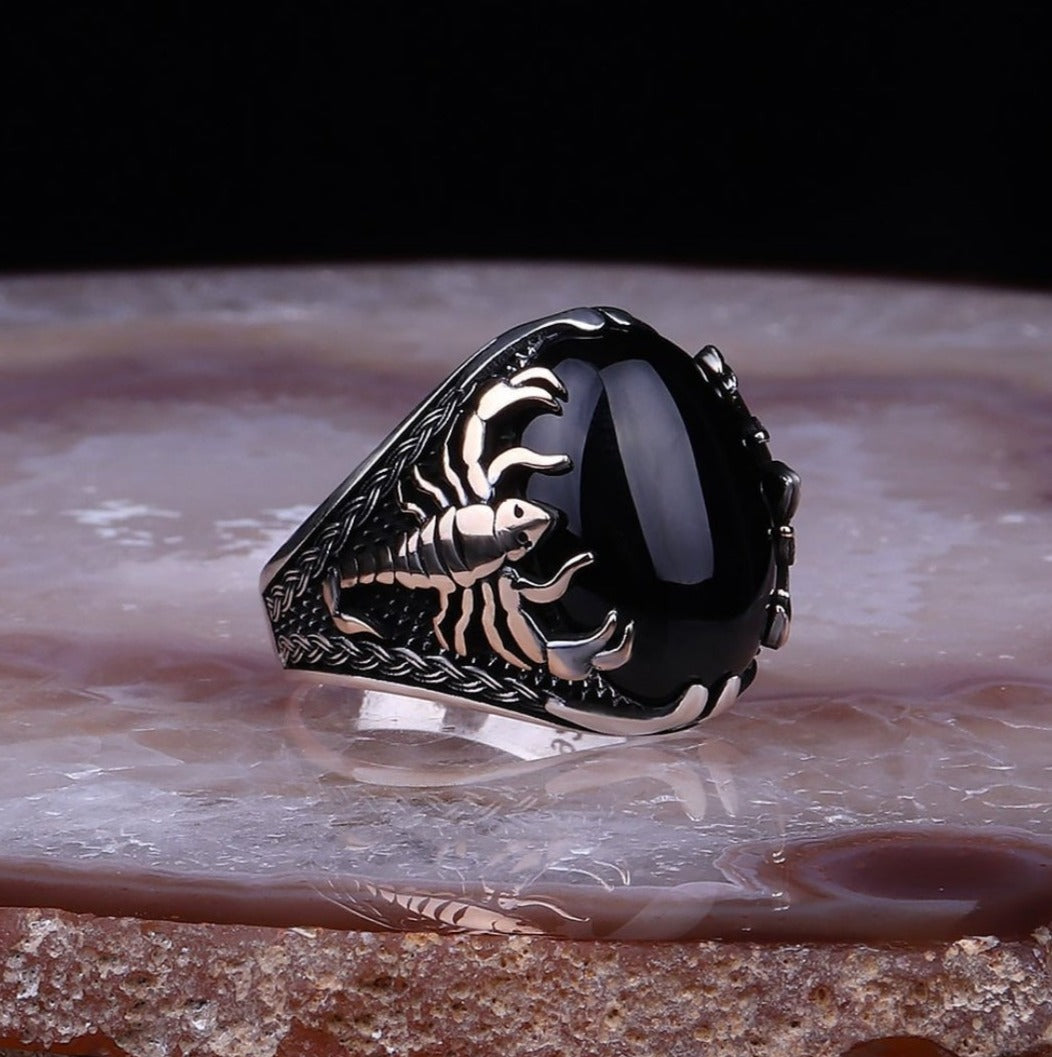 Zyan Gems | Unique Turkish Style Scorpion Ring with Natural Black Onyx (Cabochon) |  Sterling Silver Oxidized Zodiac Ring