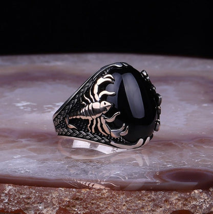 Zyan Gems | Unique Turkish Style Scorpion Ring with Natural Black Onyx (Cabochon) |  Sterling Silver Oxidized Zodiac Ring