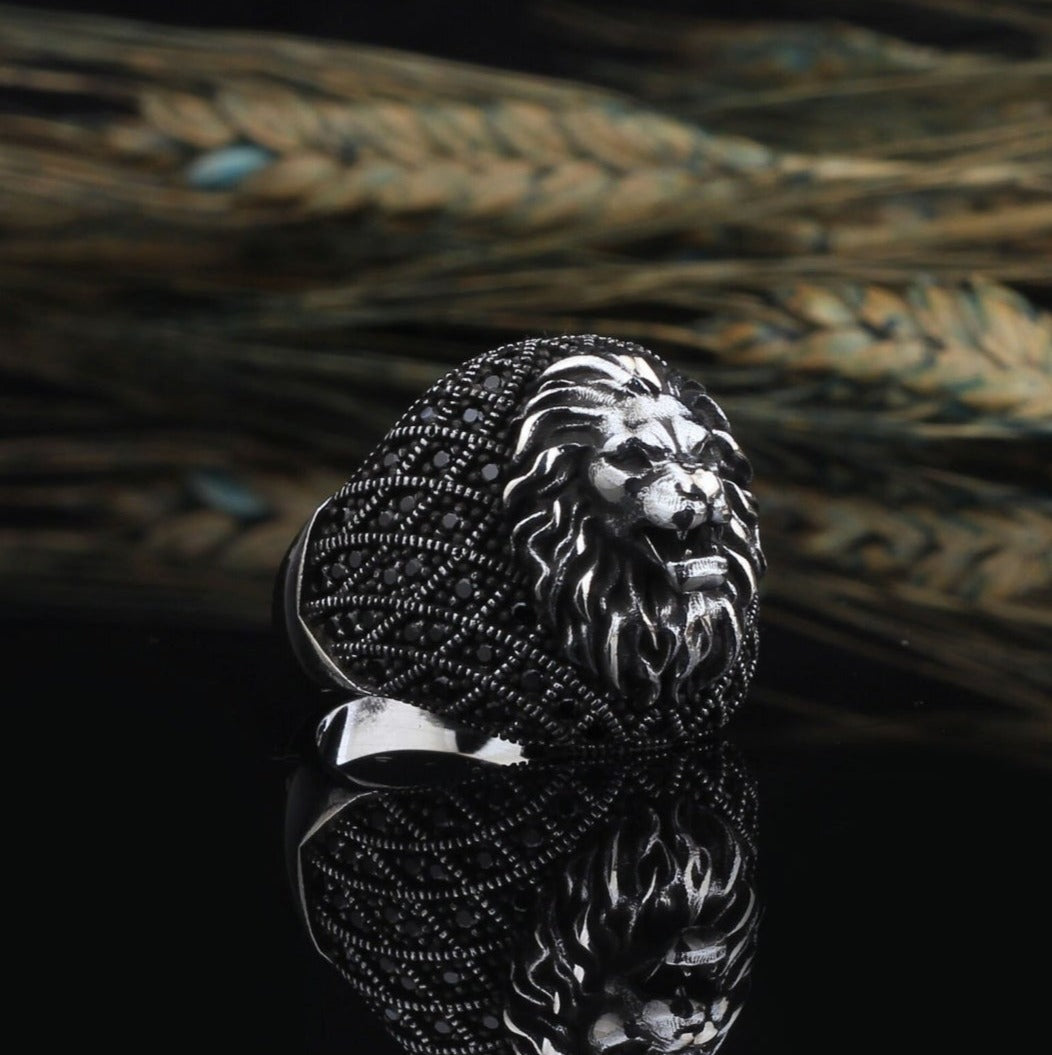 Zyan Gems | Unique Turkish Style Oxidized Silver Lion Ring with Black Zircon|  Sterling Silver Oxidized Ring