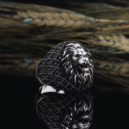 Zyan Gems | Unique Turkish Style Oxidized Silver Lion Ring with Black Zircon|  Sterling Silver Oxidized Ring